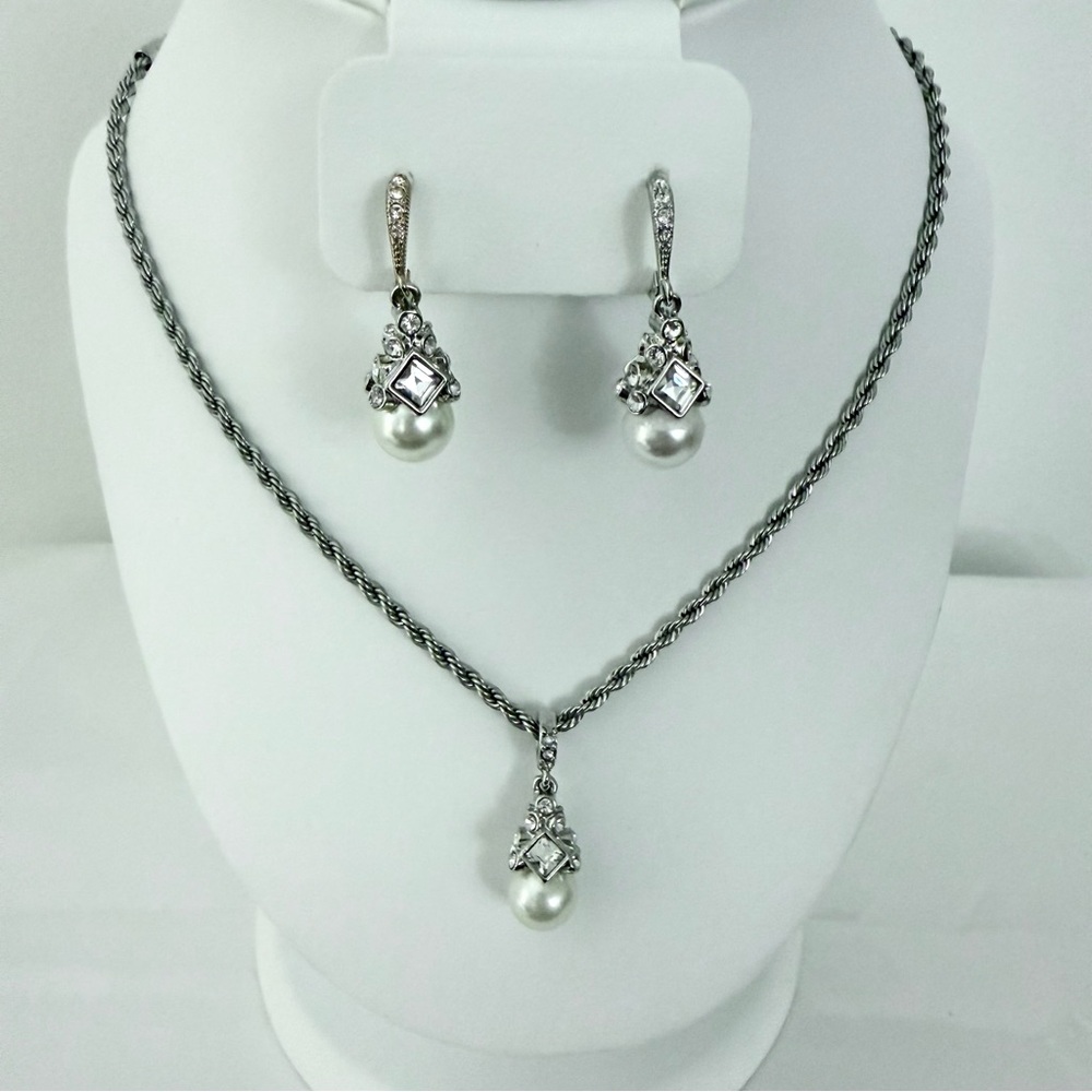 Vintage Givenchy Necklace & Earrings Set Faux Pearl Rhinestone Bridal Signed